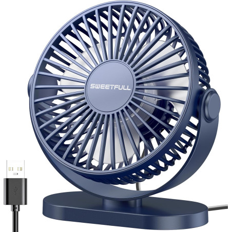 SWEETFULL Ventilateur de bureau USB, 3 vitesses, silencieux et réglable à 360°, mini ventilateur de table, refroidisseur de bure