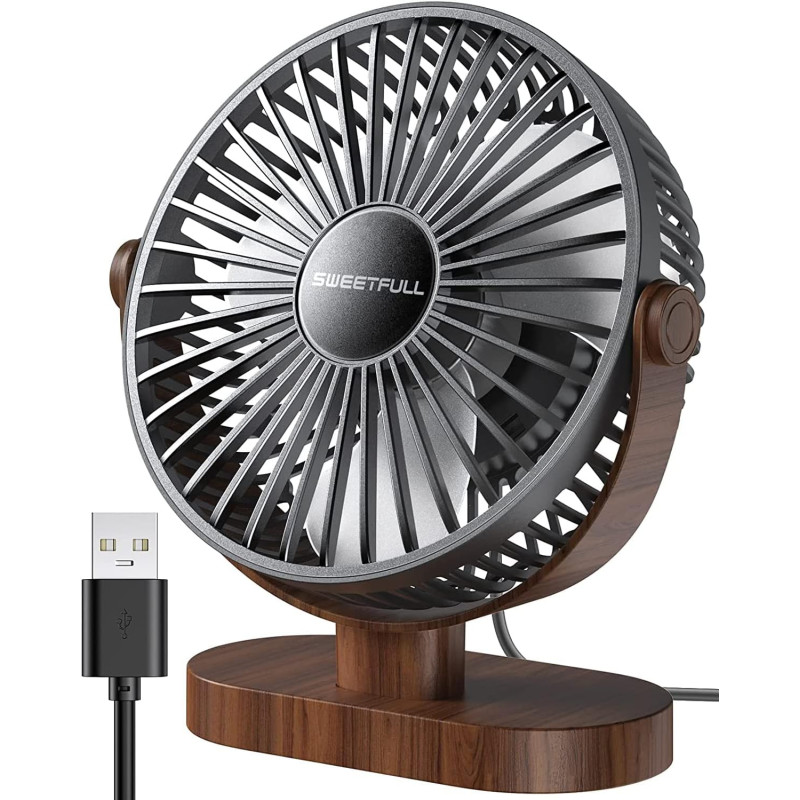 SWEETFULL Petit Ventilateur de Bureau USB 3 Vitesses Ventilateur de Table Personnel Double Réglage à 360° Fonctionnement Silenci