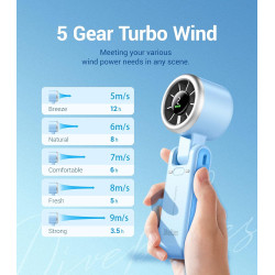 Divebleus ventilateur portable à main, ultra rapide 10m/s, 5 vitesses, batterie rechargeable, jusqu'à 12h, ventilateur de poche 