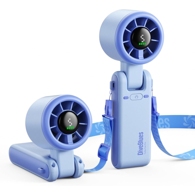 Divebleus ventilateur portable à main, ultra rapide 10m/s, 5 vitesses, batterie rechargeable, jusqu'à 12h, 3-en-1 ventilateur de