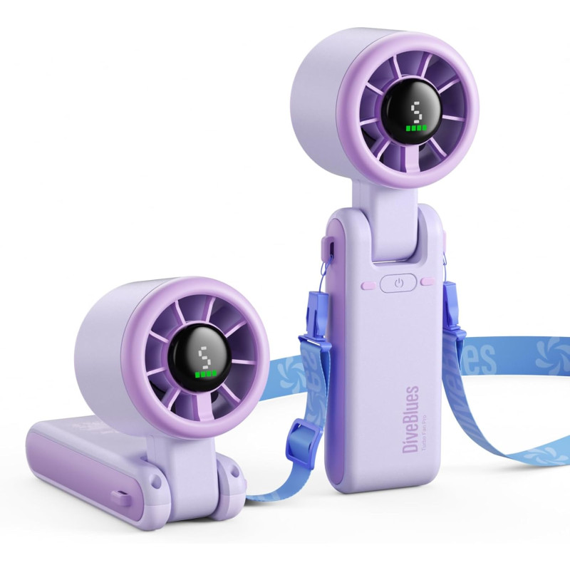 Divebleus ventilateur portable à main, ultra rapide 10m/s, 5 vitesses, batterie rechargeable, jusqu'à 12h, 3-en-1 ventilateur de