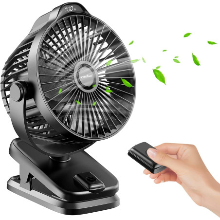 Mini USB Ventilateur Pince Portable, 8000mAh Silencieux, Télécommande, Affichage LED, 5 Vitesses Rotation à 360°, Rechargeable T