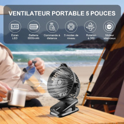 Mini USB Ventilateur Pince Portable, 8000mAh Silencieux, Télécommande, Affichage LED, 5 Vitesses Rotation à 360°, Rechargeable T