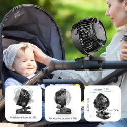 Mini USB Ventilateur Pince Portable, 8000mAh Silencieux, Télécommande, Affichage LED, 5 Vitesses Rotation à 360°, Rechargeable T