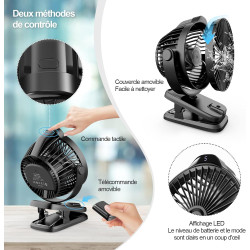 Mini USB Ventilateur Pince Portable, 8000mAh Silencieux, Télécommande, Affichage LED, 5 Vitesses Rotation à 360°, Rechargeable T