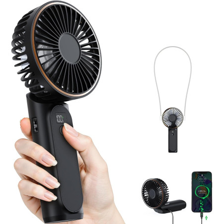 TUNISE Ventilateur Portable à Main, Mini Ventilateur Pliable 180°, 6 Vitesses, Affichage LCD, Ultra Silencieux, 4000mAh, Format 