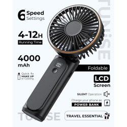 TUNISE Ventilateur Portable à Main, Mini Ventilateur Pliable 180°, 6 Vitesses, Affichage LCD, Ultra Silencieux, 4000mAh, Format 