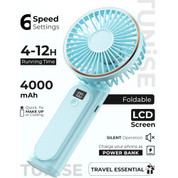TUNISE Ventilateur portable à main rechargeable, 4000mAh, réglable à 180°, 6 vitesses, affichage de la charge en temps réel