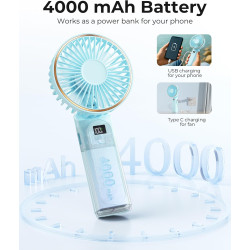 TUNISE Ventilateur portable à main rechargeable, 4000mAh, réglable à 180°, 6 vitesses, affichage de la charge en temps réel