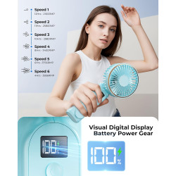 TUNISE Ventilateur portable à main rechargeable, 4000mAh, réglable à 180°, 6 vitesses, affichage de la charge en temps réel
