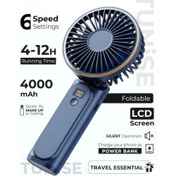 TUNISE Ventilateur Portable à Main, Mini Ventilateur Pliable 180°, 6 Vitesses, Affichage LCD, Ultra Silencieux, 4000mAh, Format 