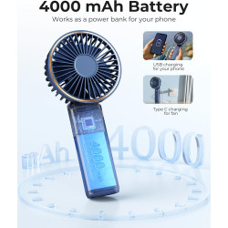 TUNISE Ventilateur Portable à Main, Mini Ventilateur Pliable 180°, 6 Vitesses, Affichage LCD, Ultra Silencieux, 4000mAh, Format 