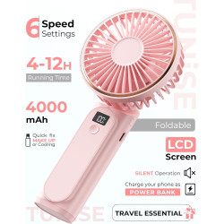 TUNISE Ventilateur Portable à Main, Mini Ventilateur Pliable 180°, 6 Vitesses, Affichage LCD, Ultra Silencieux, 4000mAh, Format 