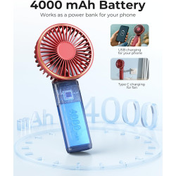 TUNISE Ventilateur portable à main, ventilateur rechargeable, 4000mAh, réglable à 180°, 6 vitesses, affichage de la charge en te