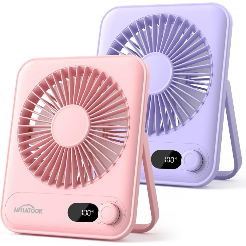WHATOOK Lot de 2 mini ventilateurs USB : 1 à 100 régulateurs en continu, batterie 2000 mAh, silencieux, avec affichage LED, mini