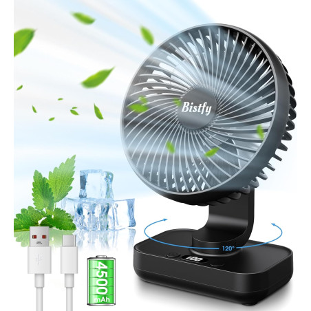 Ventilateur Automatique Oscillant, Ventilateur Bureau Silencieux Portable, 4500mAh Rchargeable Charge Rapide 2A, Puissant 4 Vite