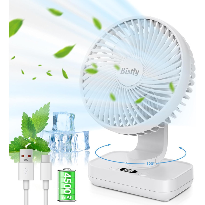 Ventilateur Automatique Oscillant, Ventilateur Bureau Silencieux Portable, 4500mAh Rchargeable Charge Rapide 2A, Puissant 4 Vite