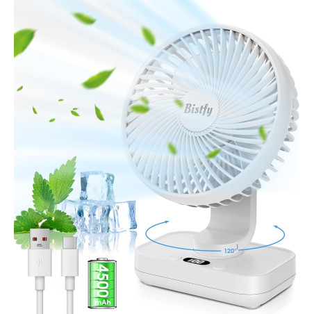Ventilateur Automatique Oscillant, Ventilateur Bureau Silencieux Portable, 4500mAh Rchargeable Charge Rapide 2A, Puissant 4 Vite