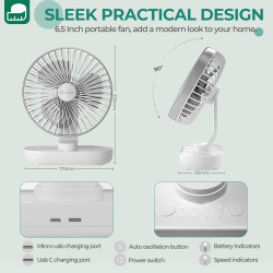 OCOOPA Ventilateur automatique oscillant silencieux 30 dB, 16,5 cm, batterie 4000 mAh et USB avec flux d'air puissant, 4 vitesse