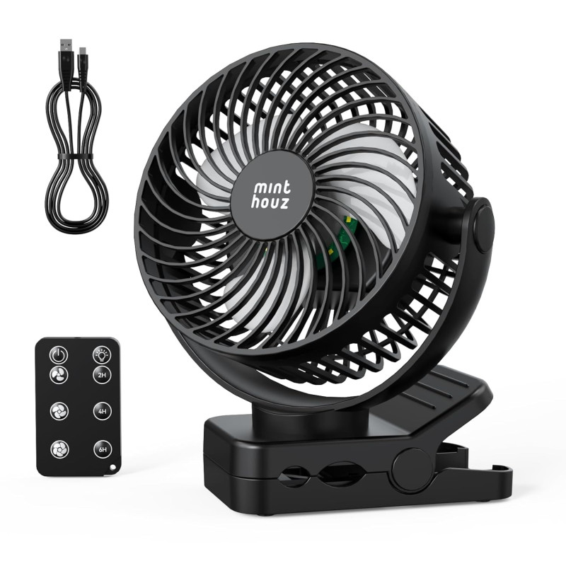 Minthouz Ventilateur portable USB rechargeable 12000 mAh avec clip et télécommande, 45H d'autonomie, silencieux, 3 vitesses, lum
