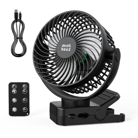 Minthouz Ventilateur portable USB rechargeable 12000 mAh avec clip et télécommande, 45H d'autonomie, silencieux, 3 vitesses, lum