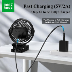 Minthouz Ventilateur portable USB rechargeable 12000 mAh avec clip et télécommande, 45H d'autonomie, silencieux, 3 vitesses, lum