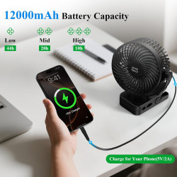 Minthouz Ventilateur portable USB rechargeable 12000 mAh avec clip et télécommande, 45H d'autonomie, silencieux, 3 vitesses, lum