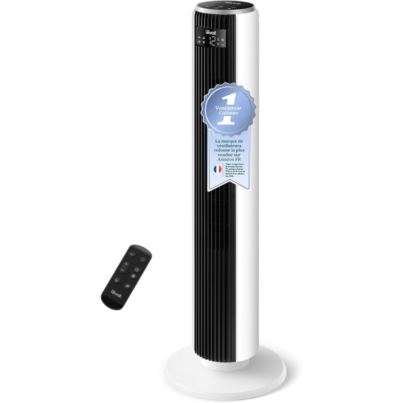 LEVOIT 20dB Ventilateur Colonne Silencieux, 7.9m/s DC Moteur, 26W, Oscillant 90° avec 12 Vitesses, Minuterie 12h, 4 Modes, Affic