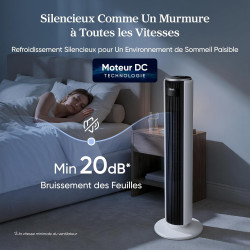 LEVOIT 20dB Ventilateur Colonne Silencieux, 7.9m/s DC Moteur, 26W, Oscillant 90° avec 12 Vitesses, Minuterie 12h, 4 Modes, Affic