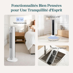 LEVOIT 20dB Ventilateur Colonne Silencieux, 7.9m/s DC Moteur, 26W, Oscillant 90° avec 12 Vitesses, Minuterie 12h, 4 Modes, Affic