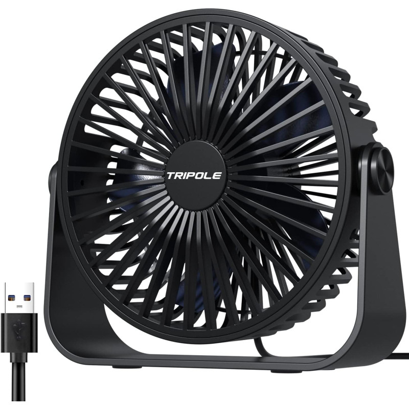 TriPole Ventilateur de Bureau USB à 3 Vitesses - Silencieux, Réglable à 360°, Portable pour Maison, Chambre, Voiture, Camping en