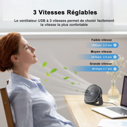 TriPole Ventilateur de Bureau USB à 3 Vitesses - Silencieux, Réglable à 360°, Portable pour Maison, Chambre, Voiture, Camping en