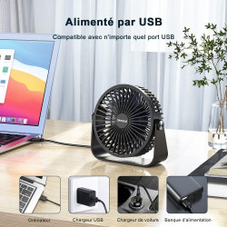 TriPole Ventilateur de Bureau USB à 3 Vitesses - Silencieux, Réglable à 360°, Portable pour Maison, Chambre, Voiture, Camping en