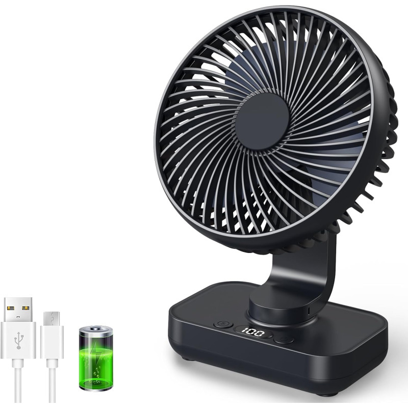 Ventilateur de table USB avec oscillation automatique, batterie 4500 mAh rechargeable, silencieux, 4 vitesses, écran numérique, 