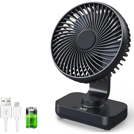 Ventilateur de table USB avec oscillation automatique, batterie 4500 mAh rechargeable, silencieux, 4 vitesses, écran numérique, 