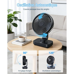 Ventilateur de table USB avec oscillation automatique, batterie 4500 mAh rechargeable, silencieux, 4 vitesses, écran numérique, 