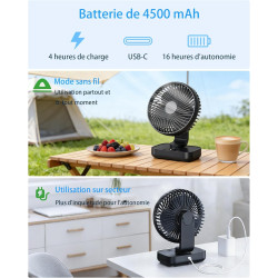 Ventilateur de table USB avec oscillation automatique, batterie 4500 mAh rechargeable, silencieux, 4 vitesses, écran numérique, 