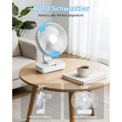 Ventilateur de table USB avec oscillation automatique, batterie 4500 mAh rechargeable, silencieux, 4 vitesses, écran numérique, 