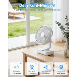 Ventilateur de table USB avec oscillation automatique, batterie 4500 mAh rechargeable, silencieux, 4 vitesses, écran numérique, 