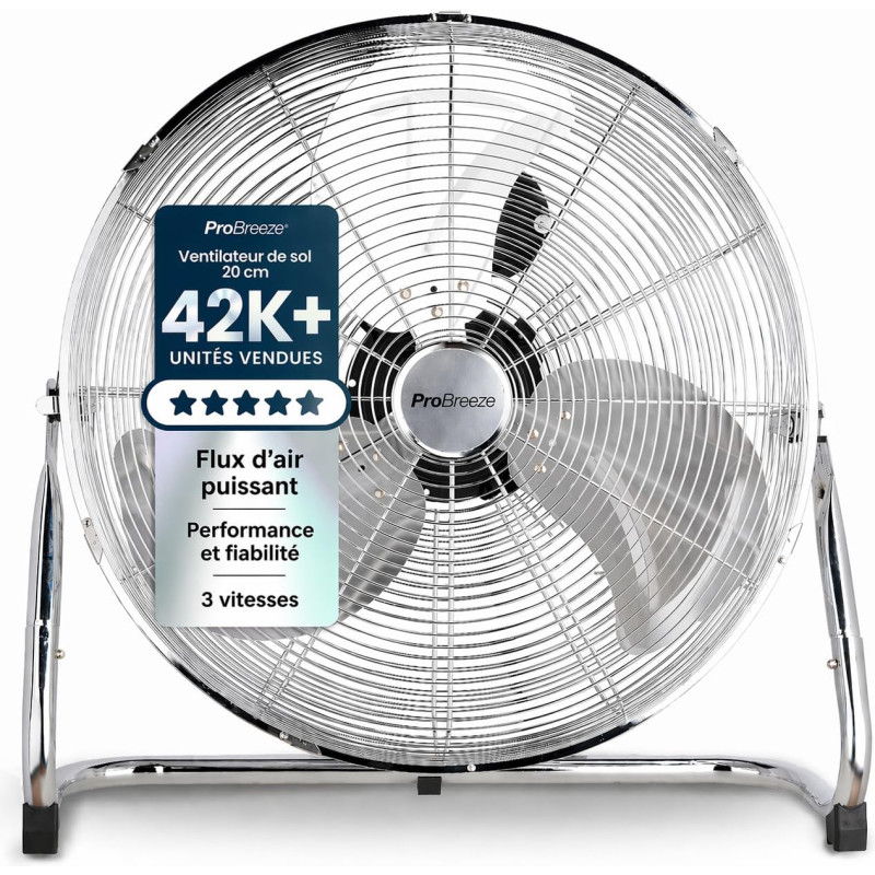 Pro Breeze Ventilateur de Sol 30,5 cm – 50W, 3 Vitesses, Tête Inclinable, Pales Inox, Brasseur d'Air Puissant pour Chambre, Salo