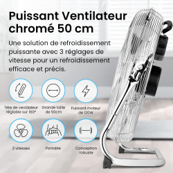 Pro Breeze Brasseur d'Air 50 cm – 120W, 3 Vitesses, Tête Inclinable, Pales Inox, Ventilateur de Puissant pour Chambre, Salon, Bu