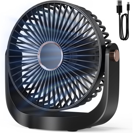 Ventilateur de Bureau Portable - 3000mAh Ventilateur de Table Silencieux USB avec Veilleuse,5 Vitesses,Jusqu'à 8h,Rotation à 360