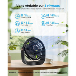Ventilateur de Bureau Portable - 3000mAh Ventilateur de Table Silencieux USB avec Veilleuse,5 Vitesses,Jusqu'à 8h,Rotation à 360