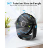 Ventilateur de Bureau Portable - 3000mAh Ventilateur de Table Silencieux USB avec Veilleuse,5 Vitesses,Jusqu'à 8h,Rotation à 360