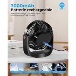 Ventilateur de Bureau Portable - 3000mAh Ventilateur de Table Silencieux USB avec Veilleuse,5 Vitesses,Jusqu'à 8h,Rotation à 360