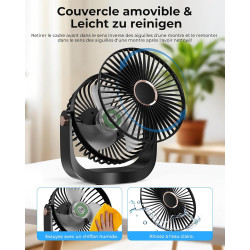 Ventilateur de Bureau Portable - 3000mAh Ventilateur de Table Silencieux USB avec Veilleuse,5 Vitesses,Jusqu'à 8h,Rotation à 360