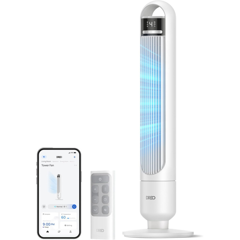DREO ventilateur colonne intelligent pour chambre à coucher, ventilateur sur pied silencieux de 28 dB, portée d’air jusqu’à 8,8 