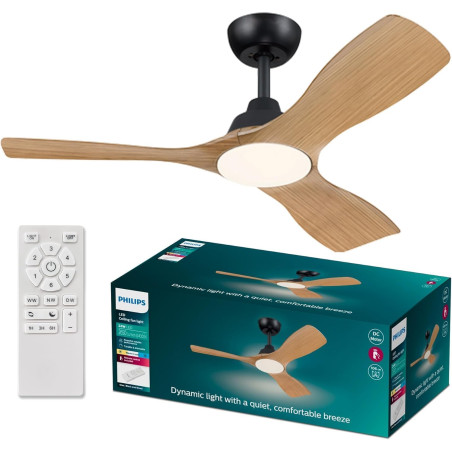 Philips Olas Ventilateur de Plafond, 3 Pales, Lumière LED 24 W, Moteur DC, Température de Couleur (3000 K-4300 K-6500 K) avec Fo
