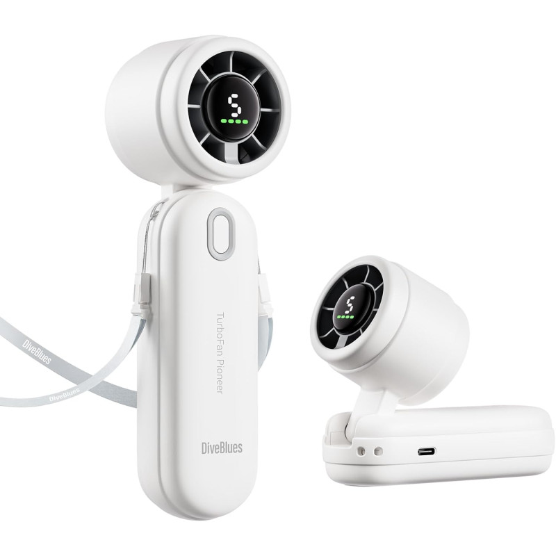 Divebleus 3 en 1 portable ventilateur à main, mini ventilateur turbo usb rechargeable 4000mah, 5 vitesses réglables, jusqu’à 12h