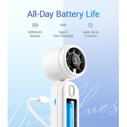 Divebleus 3 en 1 portable ventilateur à main, mini ventilateur turbo usb rechargeable 4000mah, 5 vitesses réglables, jusqu’à 12h